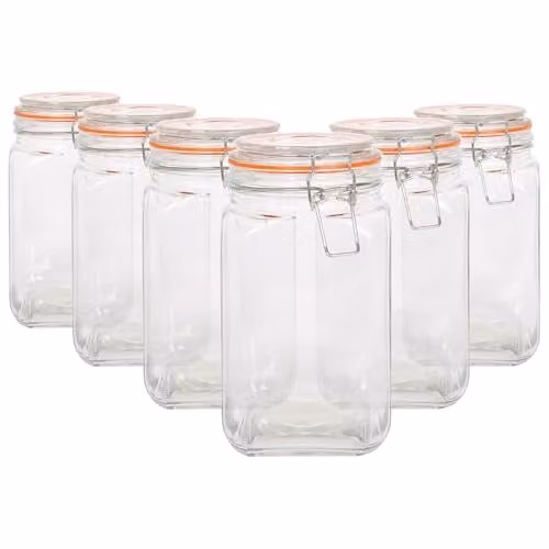 Argon Tableware Pack of 6 Transparent Square Glass Jars with Clip-Top Lids, 1.25 l