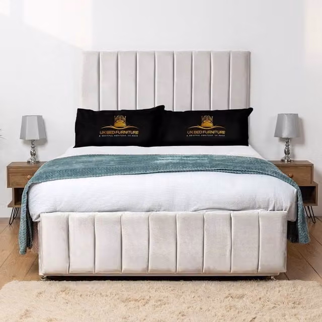 UK Bed Furniture Falcon Divan Bed Base with 26 Inch Headboard, White Fabric, W/D/H: 180 x 200 cm