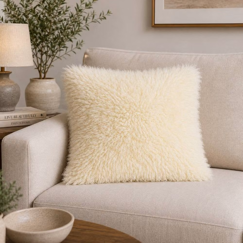SNUGRUGS Soft Long Curly Wool Sheepskin Cushion with Cotton Backing and Inner, Ivory, W/D/H: 40 x 40 x 40 cm – 2