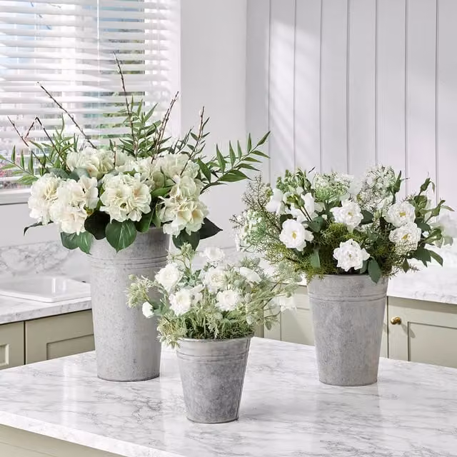 Bloom Silver and Grey Metal Round Florists Bucket Vase, H 24 cm x W 24 cm x D 24 cm