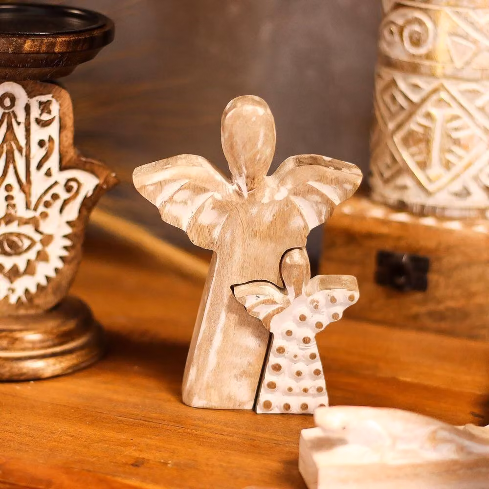 Serenityy Rustic Mango Wood Double Angel Tabletop Figurine in Brown and White – 2