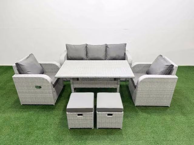 Fimous PE Rattan Garden Furniture Set in Light Grey with Reclining Chairs, Sofa, Rectangular Dining Table and 2 Small Stools