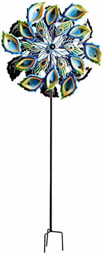 mysmartbuy Peacock Feather Wind Spinner, Multicolour Metal Kinetic Garden Sculpture, H 90 x W 35 x D 15 cm – 3