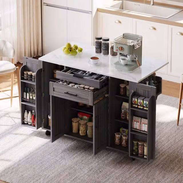 Rolipo Kitchen Island on Wheels with Drop Leaf and Grey Storage Cabinets