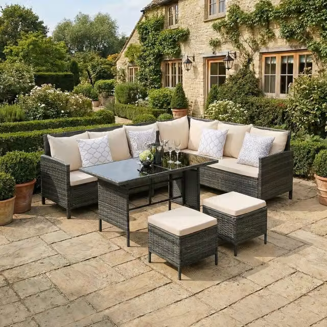 Home Garden Direct Bideford 8 Seater Rattan Garden Furniture Set in Grey and Beige with L-Shape Corner Sofa, Dining Table and Ottomans