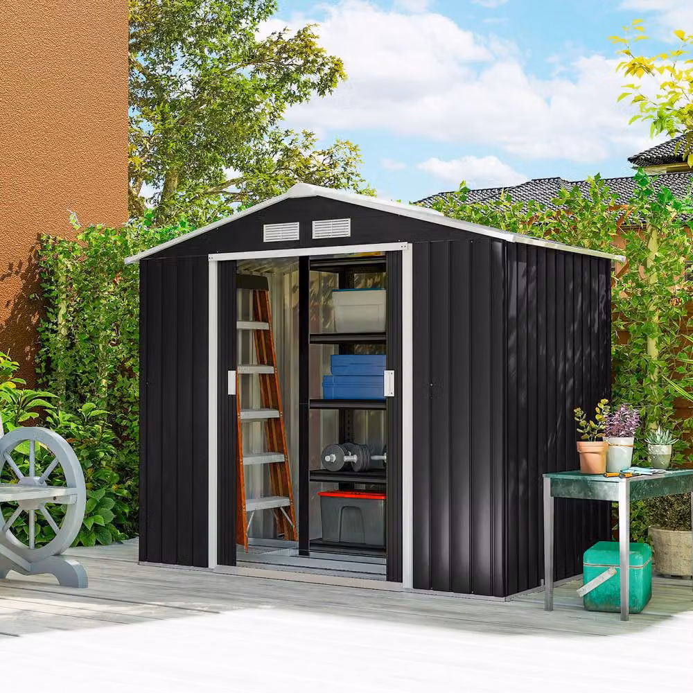 Rolipo Metal Garden Shed in Dark Grey with Foundation Kit and Double Doors – 3