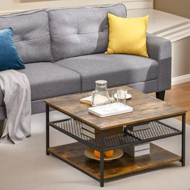 Pirlo Plush 3 Tier Industrial Coffee Table in Brown and Black, W/D/H: 80 x 80 x 45 cm – 1