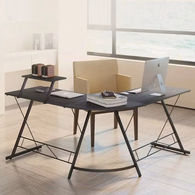 Neo Black Modern L-Shaped Corner Computer Desk in Matt Black MDF and Metal