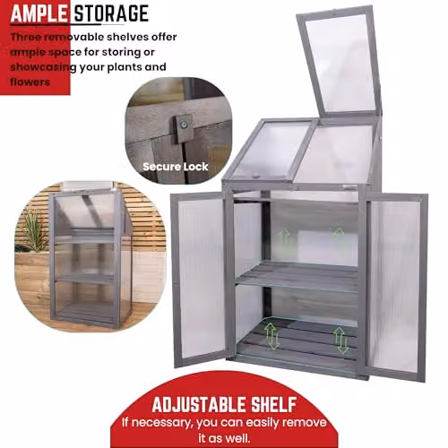 Samuel Alexander Wooden Mini Greenhouse Cold Frame with Shelving, Grey, H120 x W69 x D49 cm – 7