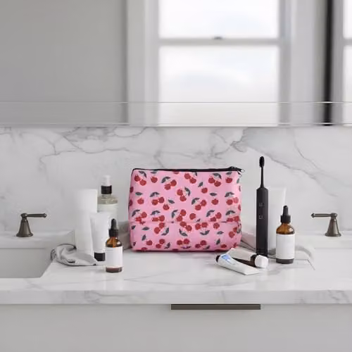 OHS Cherry Print Travel Toiletry Bag and Makeup Organiser in Pink – 2