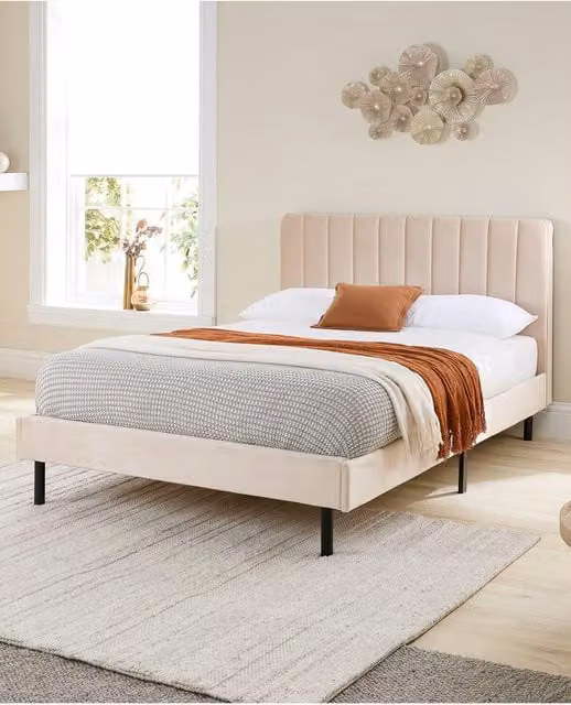 Aspire Rosella Upholstered Velvet Bed in Beige, W/D/H: 200 x 200 cm – 1