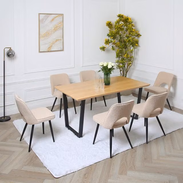 Home Garden Direct Oak Dining Table Set with 6 Thetis Boucle Chairs in Beige and Black