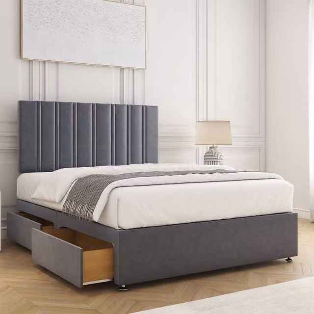 BSSPOKE Sienna Small Double Divan Bed Set with 24 Inch Headboard, 2 Drawers, Footend and Mattress in Grey Velvet