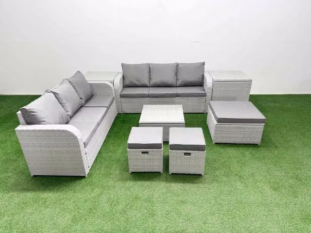 Fimous 9 Seater Grey Rattan Garden Furniture Set with Upholstered Cushions, Square Coffee Table and Matching Ottoman
