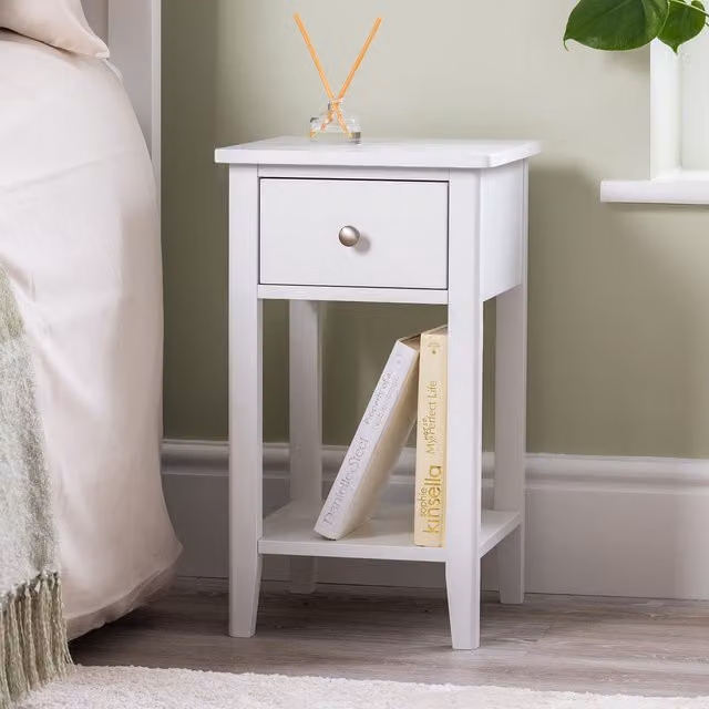 Christow Modern Slim Bedside Table with Drawer in White