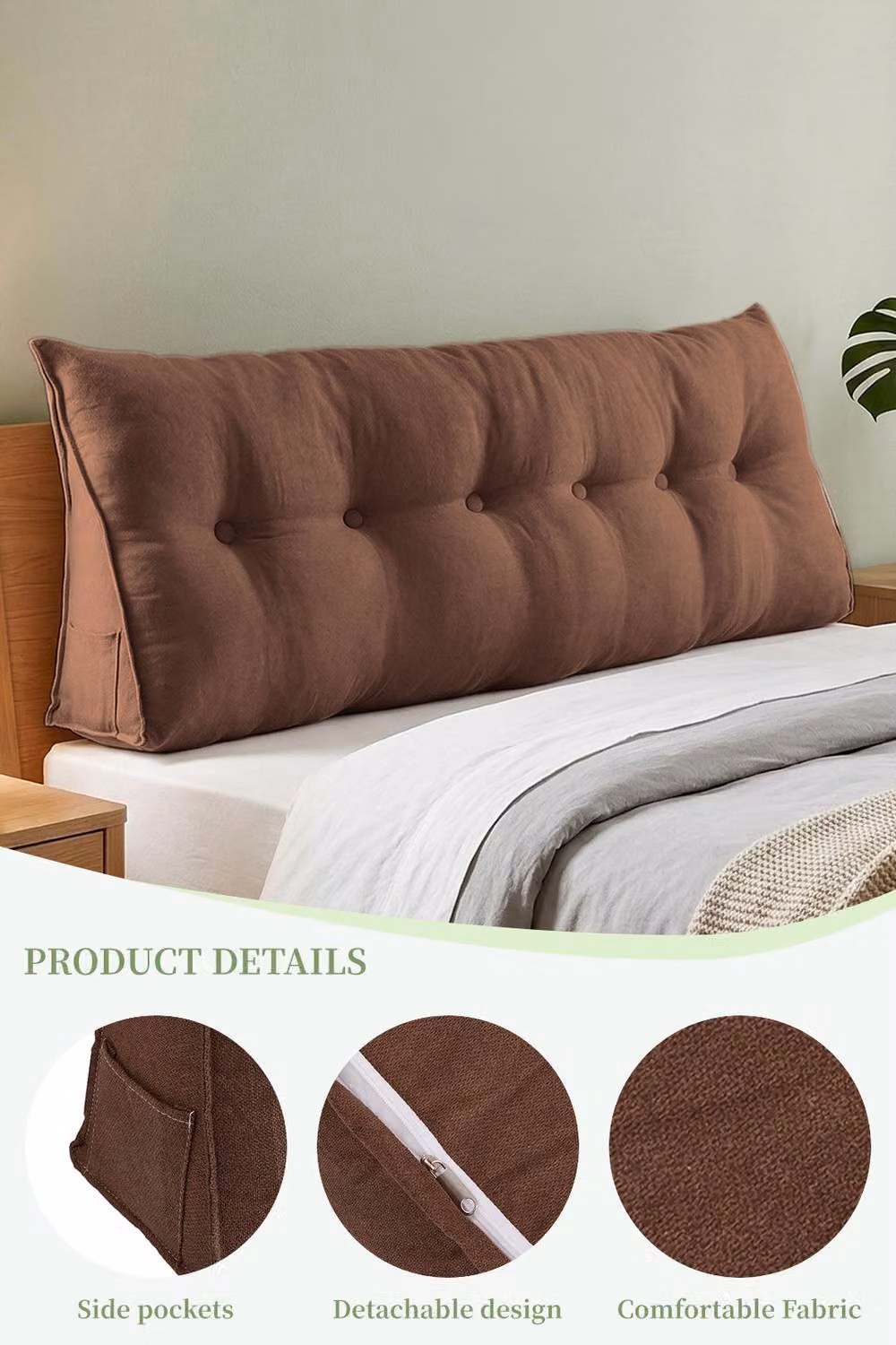 Living and Home Brown Washable Wedge Headboard Pillow with Storage Pocket – 2