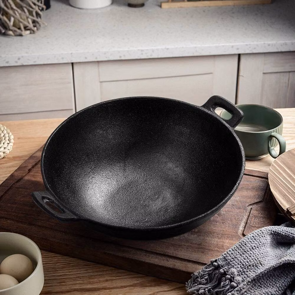 FLAVORA Black Uncoated Cast Iron Chinese Stir Fry Frying Pan W: 35.5 cm, D: 30 cm, H: 9 cm – 5
