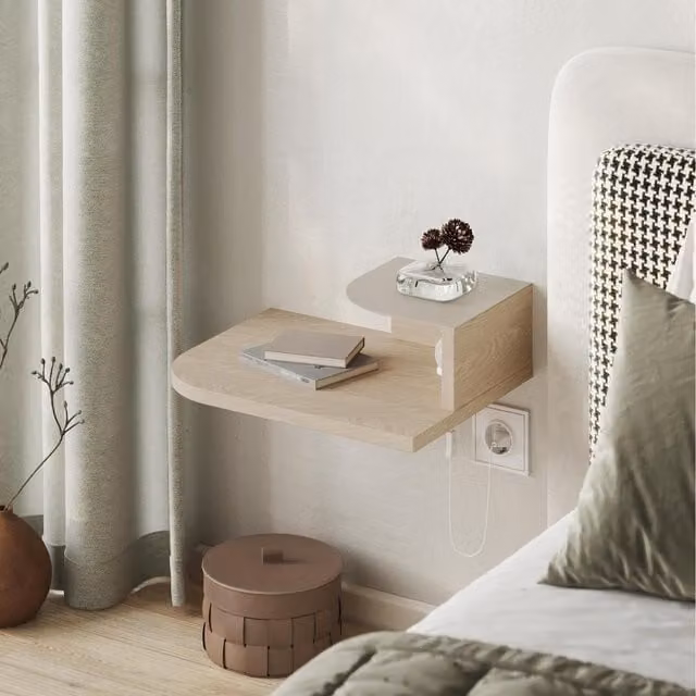 Decortie Luno Modern Wall-Mounted Floating Bedside Table with Integrated LED Lighting in Sonoma Oak – 1