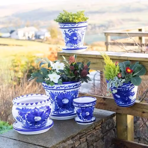 Verano Spanish Ceramics Blue Floral Hand Painted Terracotta Planter Set of 3 with Drainage Plates, W/D/H: 16 x 14 x 23 cm, 23 x 22 x 29 cm, 29 x 27 x 29 cm – 3