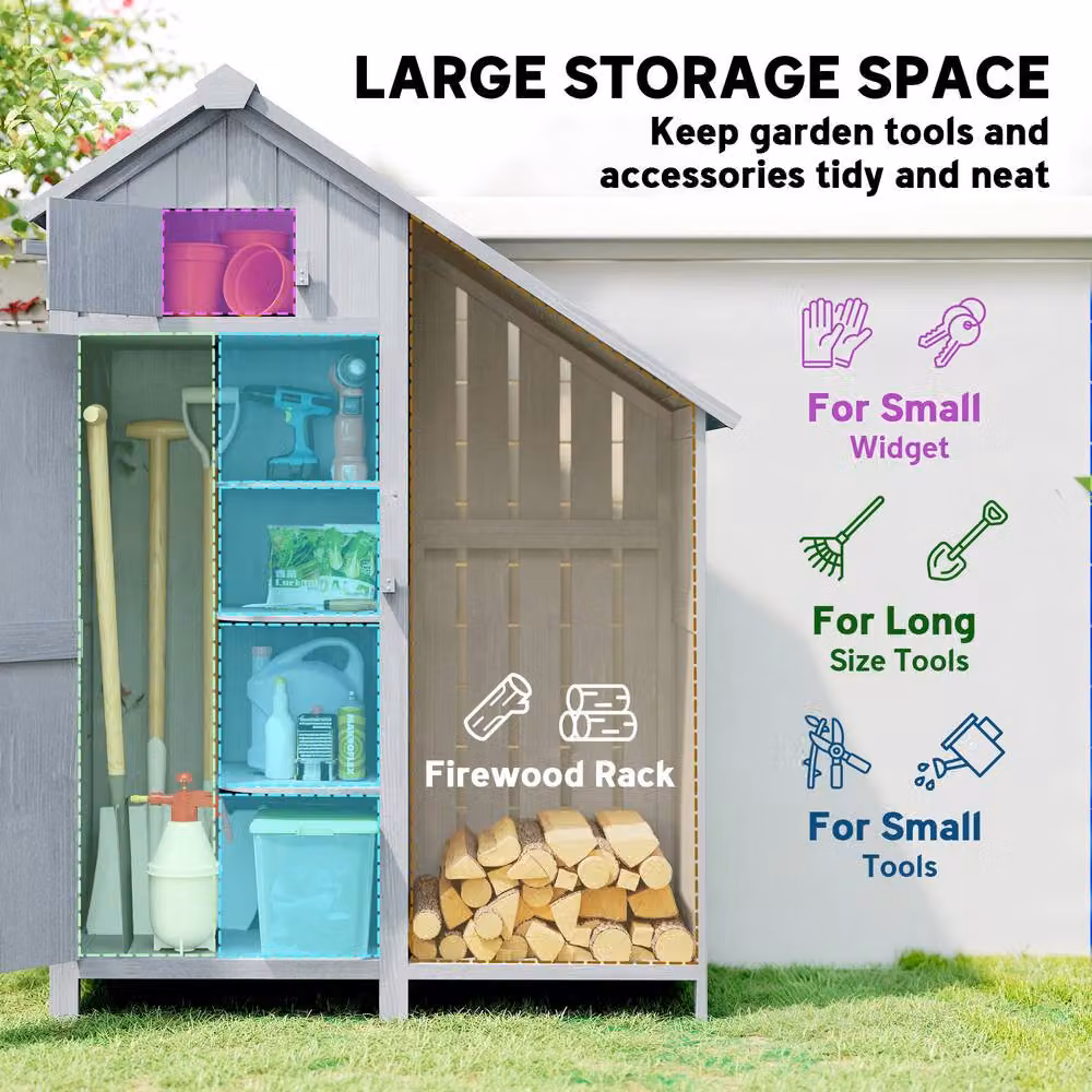 OUTSUNNY Grey Fir Wood Garden Storage Shed with Shelving and Log Rack, W/D/H: 121.0 x 54.5 x 180.0 cm – 4