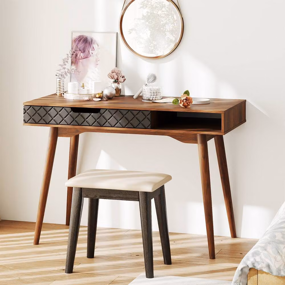 Gymax Mid-Century Writing Desk in Brown with Rubberwood and Metal Construction – 4
