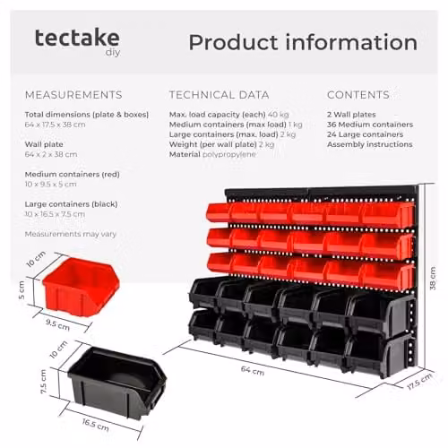 tectake 64 Piece Wall-Mounted Plastic Storage Organiser Set with 2 Pegboards and 62 Bins in Black and Red – 6