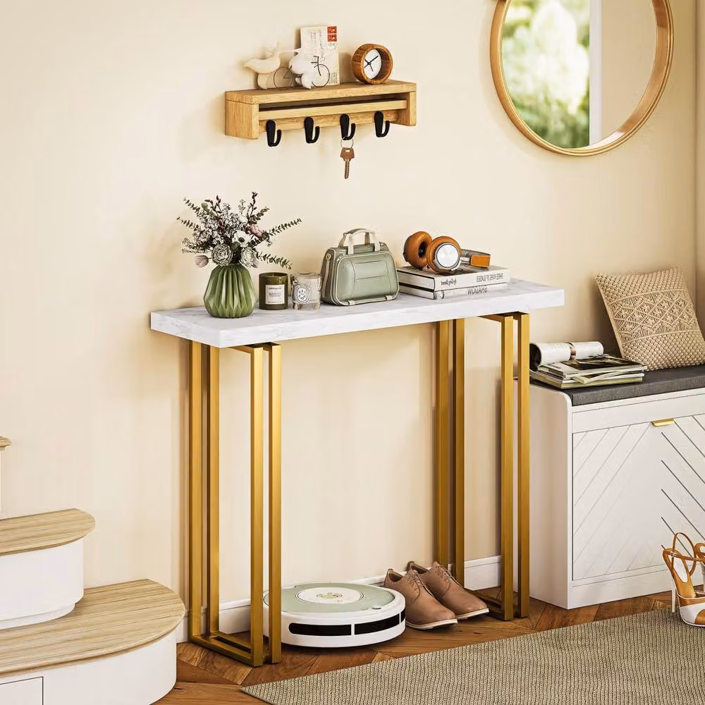 Wyld Haus Mahota Slim Faux Marble Console Table in White and Gold, W: 100 cm, H: 74.5 cm – 3