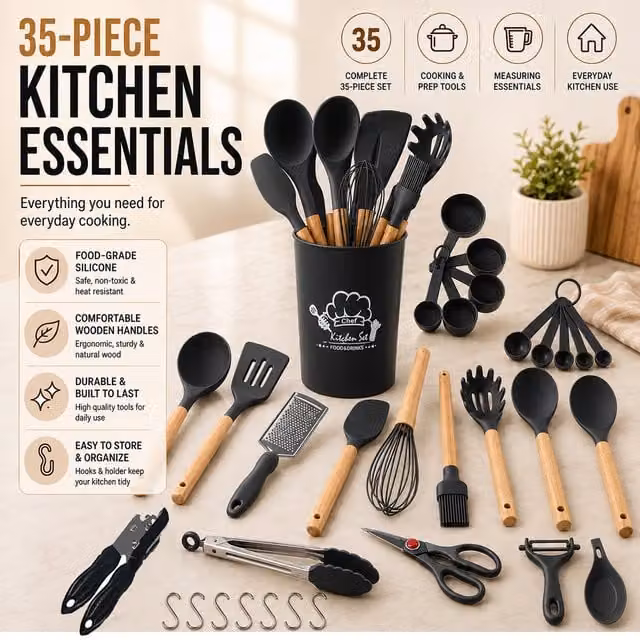 Atek 35 Piece Black Kitchen Utensils Set with Silicone, Wood and Metal Components