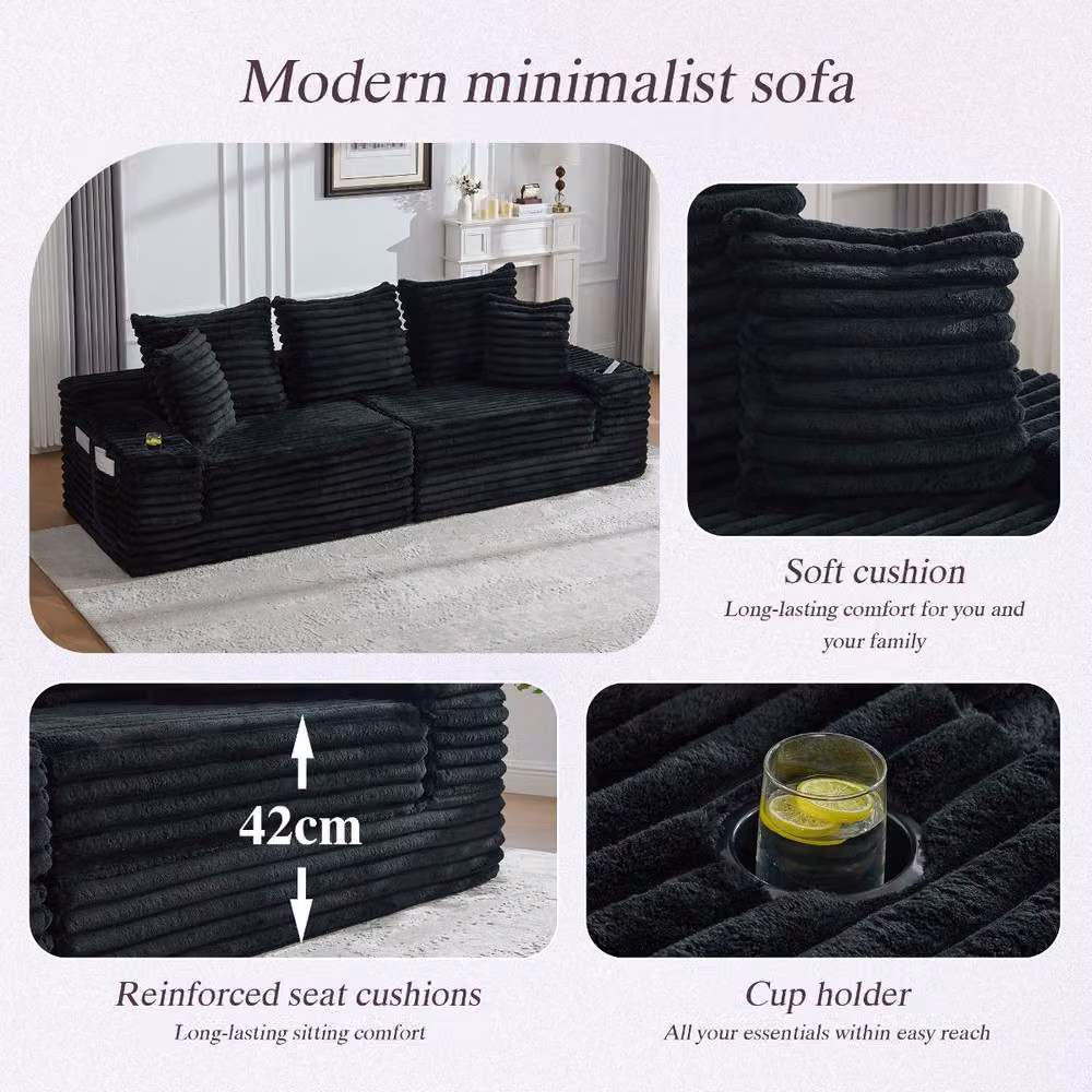 Rolipo Black Corduroy Sleeper Sofa Bed with Cup Holders and Side Pockets – 6