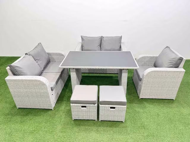 Fimous 7 Seater Outdoor Furniture Set with Love Sofa and 2 Small Stools in Light Grey