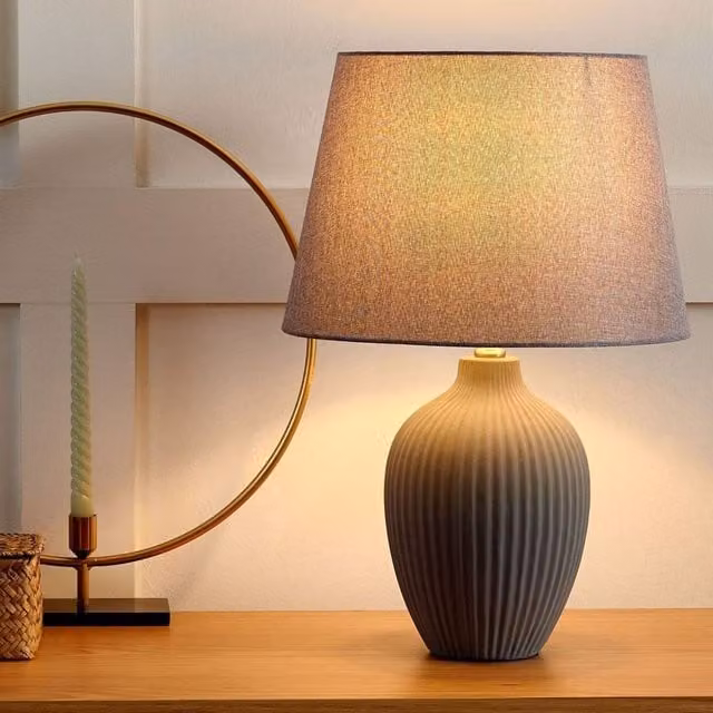 Wyld and Coco Grey Ceramic Retro Table Lamp with Fabric Empire Shade, Height: 52 cm