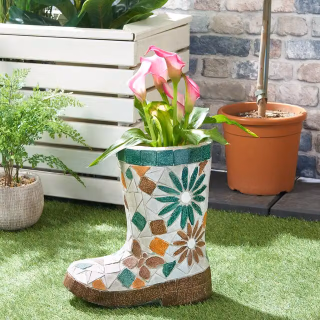 Ornate Collection Mosaic Boot Planter in Multicolour Ceramic