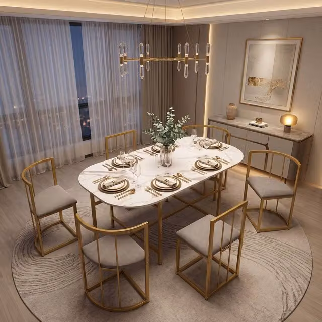 FENCHILIN Modern Dining Set with Rectangular Table and 6 Upholstered Chairs in Gold, White and Grey