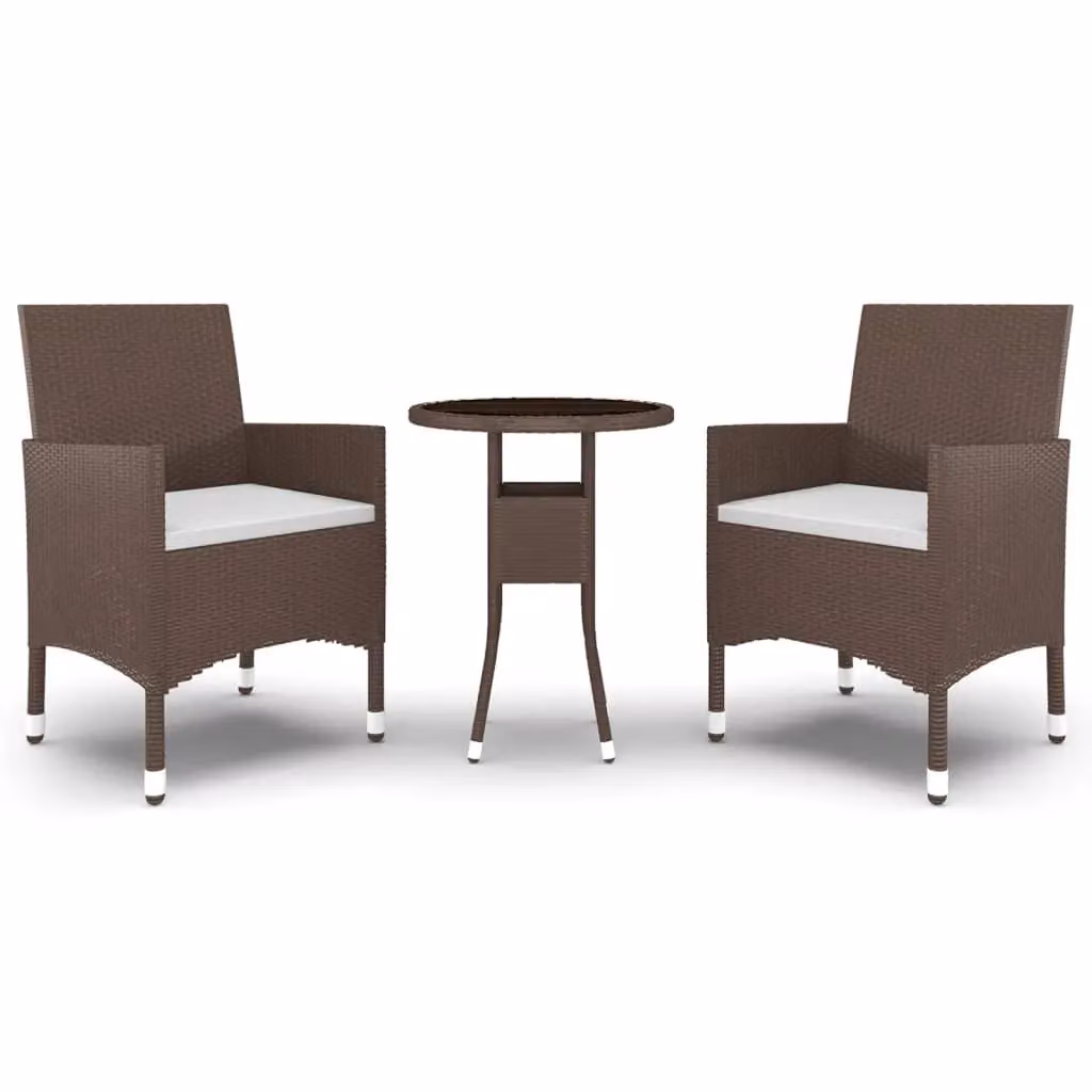 Berkfield Home 3 Piece Brown Poly Rattan Garden Bistro Set with Tempered Glass Table – 2