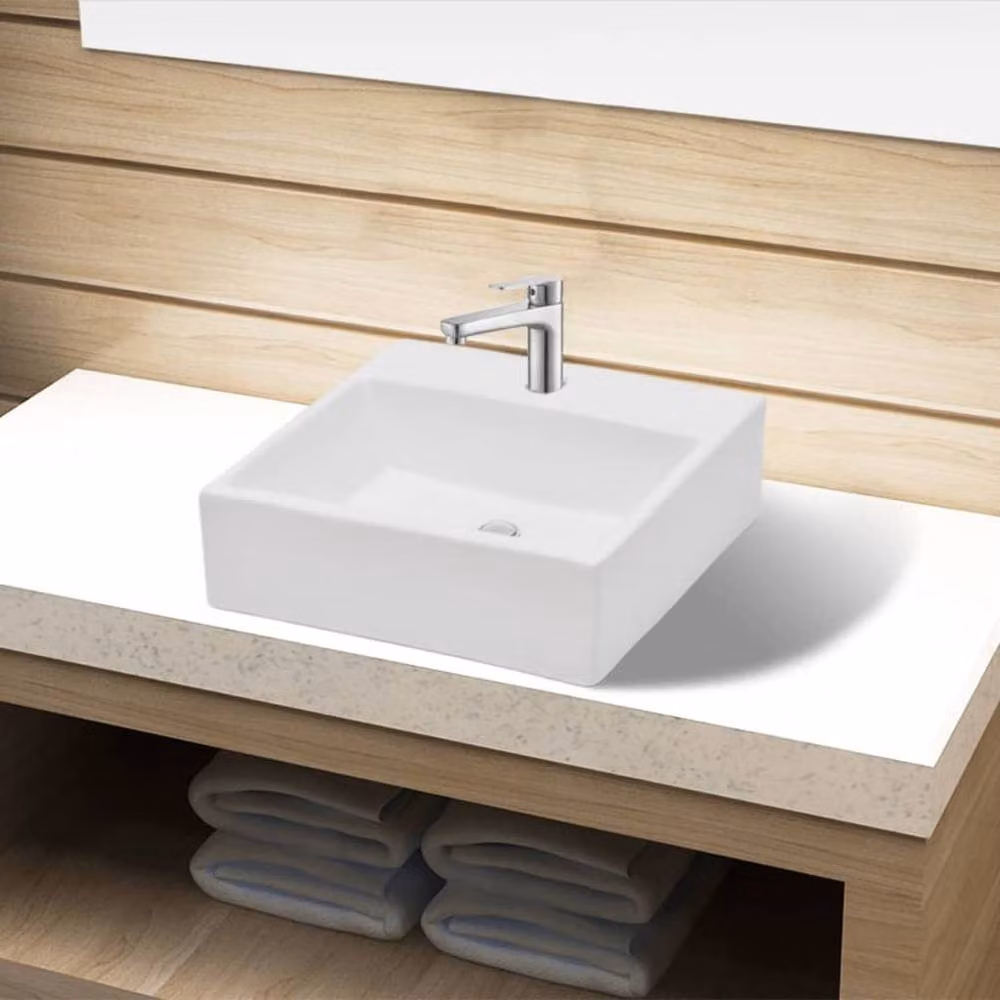 Berkfield Home Elegant Square Ceramic Countertop Bathroom Sink Basin with Faucet Hole, White, W: 38.0 cm, D: 30.0 cm, H: 11.5 cm – 2