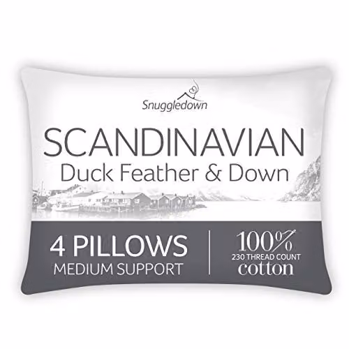 Snuggledown 4 Pack White Duck Feather and Down Pillows with Medium Support and Cotton Cover, W/H: 48 x 74 cm – 1