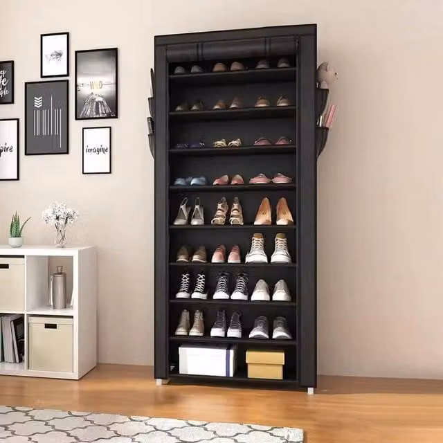 EONLION Black Freestanding Metal and Plastic Shoe Rack with Back Panel, Width: 50 cm – 1