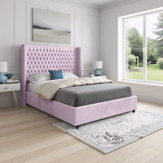 KDMD Wellesbourne Winged Upholstered Designer Bed Frame in Pink Soft Velvet, W/D/H: 140 x 200 x 137 cm – 1