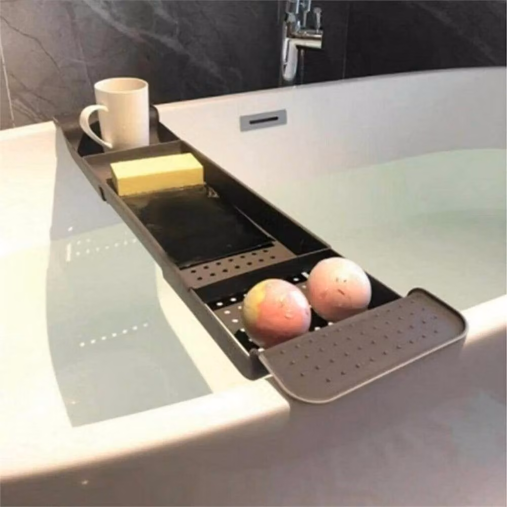 VOGREX Adjustable Plastic Bathtub Shelf Storage Caddy Tray in Grey – 3