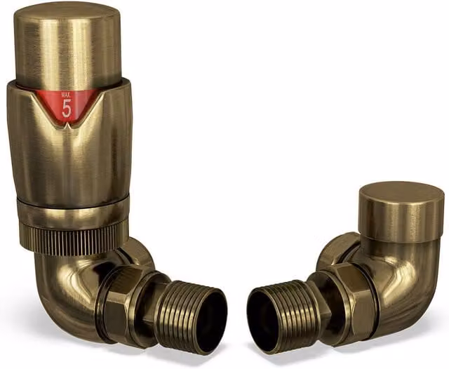 UK Radiators Stirling Bold Antique Brass Thermostatic Radiator Valve and Lockshield Corner Set – 1