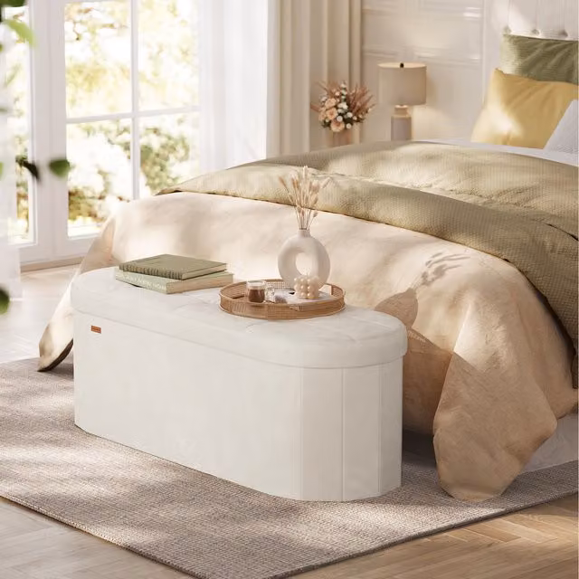 SONGMICS Velvet Storage Ottoman Bench and Folding Footrest Stool in Grey and White