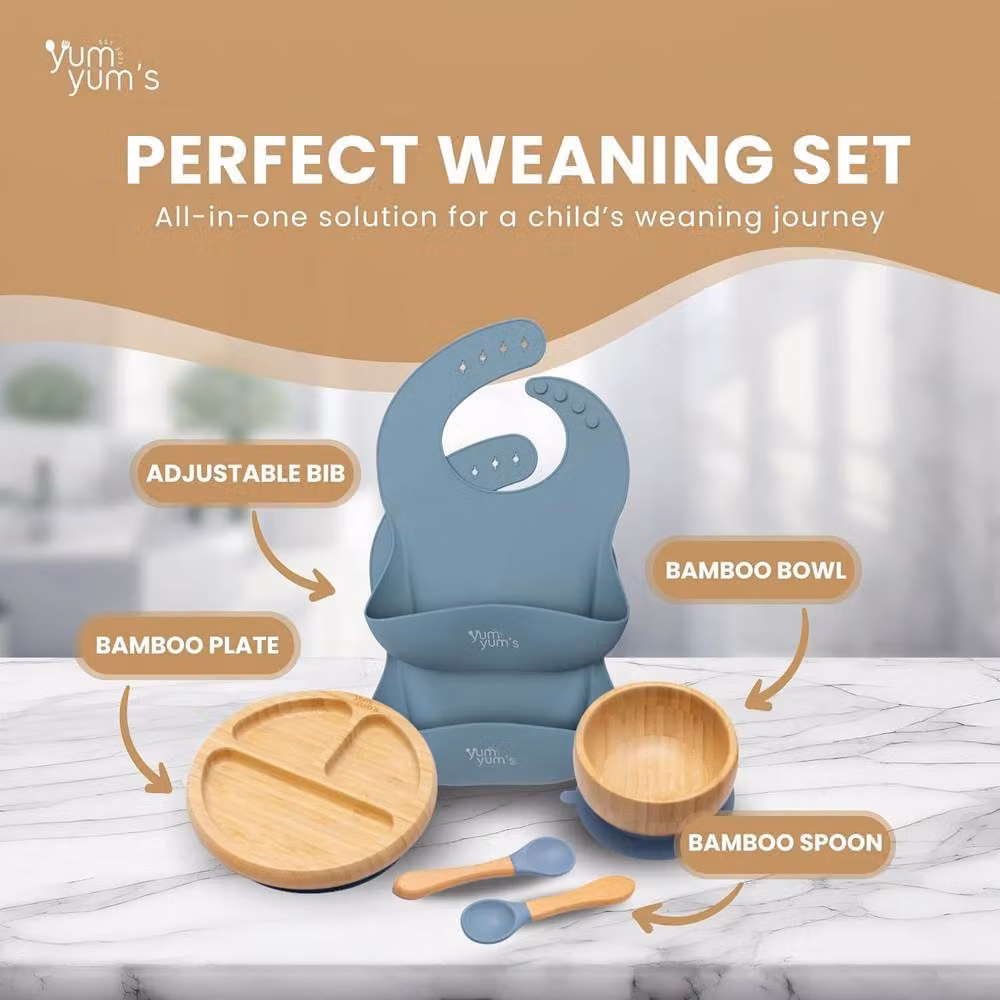 Yum Yums 6-Piece Blue Silicone and Bamboo Reusable Baby Weaning Feeding Set – 2