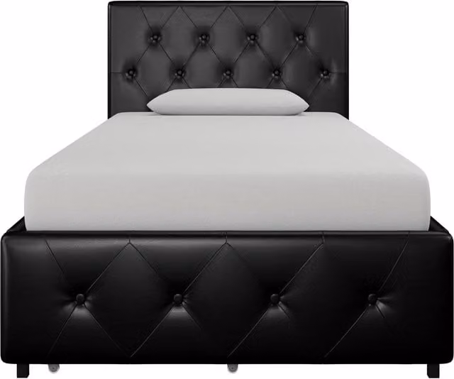 Dorel Home Dakota Upholstered Single Bed with Storage Drawers in Black, 90 x 190 cm