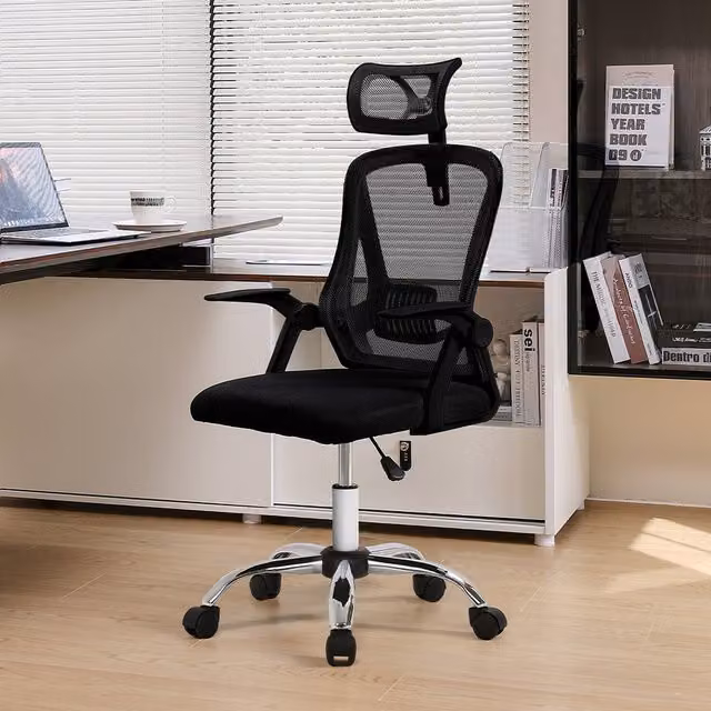 Livingandhome Black Fabric Executive Swivel Office Chair with Silver Metal Legs and Headrest