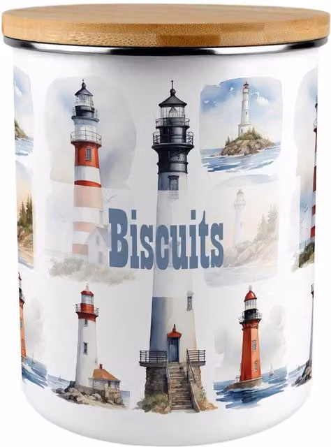 Purely Home Extra Large Lighthouses Biscuit Tin in Multicoloured Enamel Metal