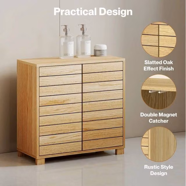 FORGEVIO Oak Wide Freestanding Bathroom Cabinet with Adjustable Shelves and Hinged Doors in Light Oak Brown – 1