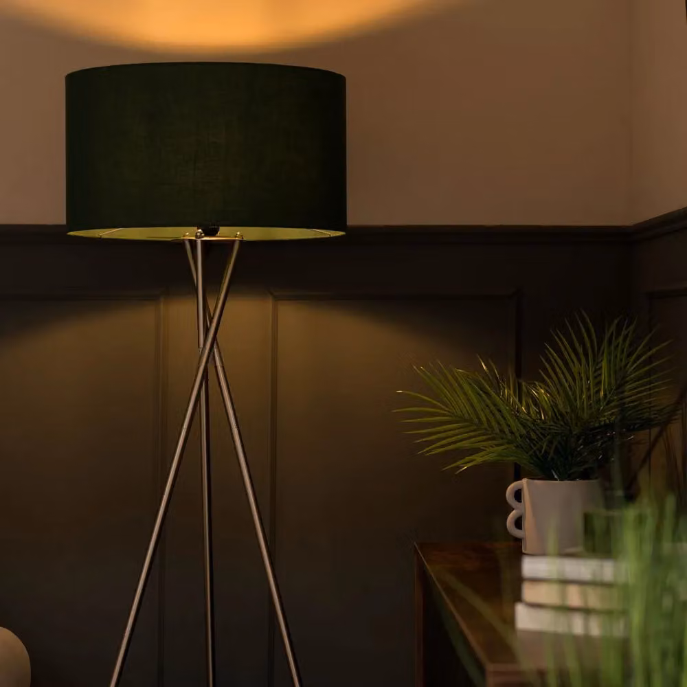 ValueLights Camden Polished Chrome Tripod Floor Lamp with Forest Green Fabric Drum Shade – 2