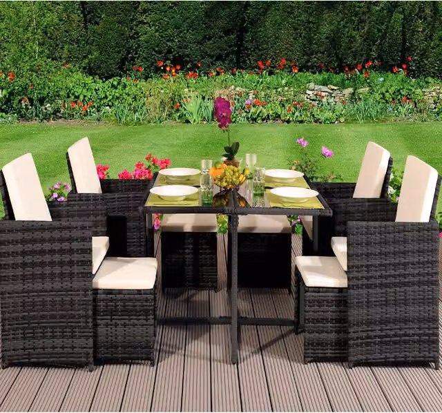 Comfy Living 9 Piece Cube Rattan Garden Furniture Set with Cover in Dark Grey