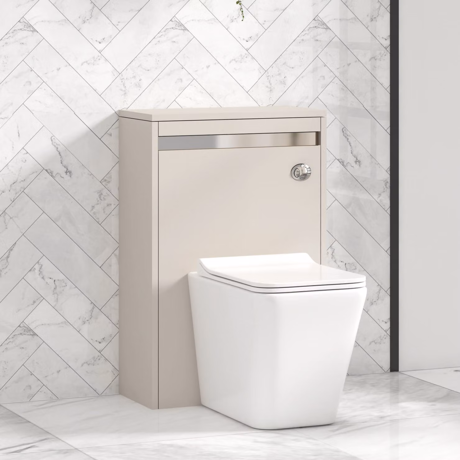 Royal Bathrooms Orion 540mm Warm Taupe Wall Mounted WC Unit with Elena Rimless Ceramic Toilet Pan, Slim Soft Close Seat and Cistern with Chrome Accent Trim