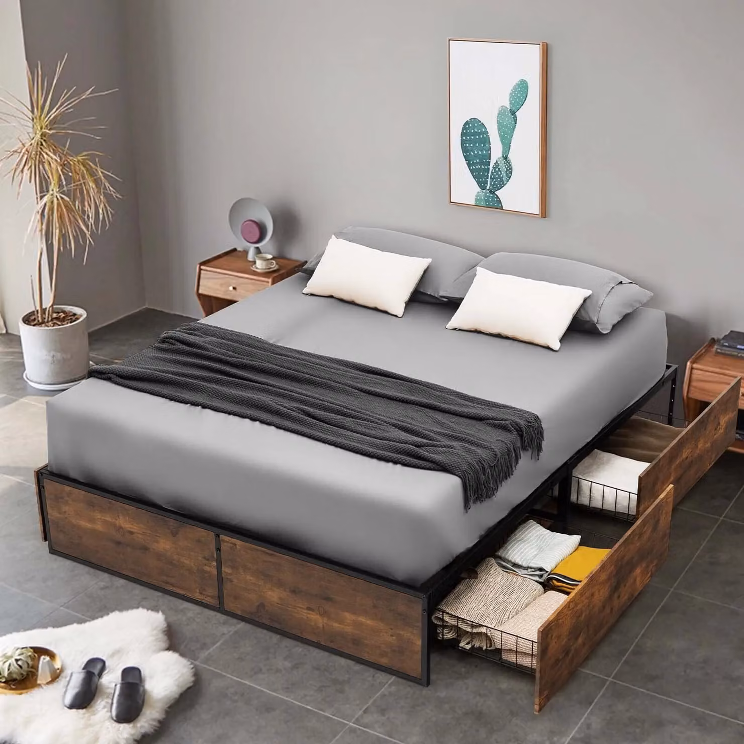 Costway Double Iron Bed Frame with 4 Underbed Storage Drawers in Brown, W/D/H: 140 x 200 cm – 4